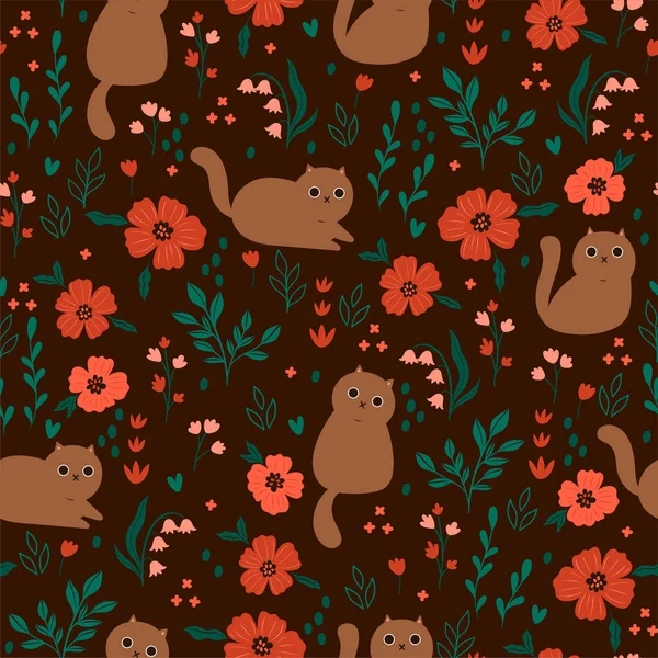 Seamless Pattern Cute Cats Flowers Vector Image — Stock Vector