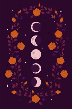 Moon phases and flowers on a purple background. Vector image. clipart