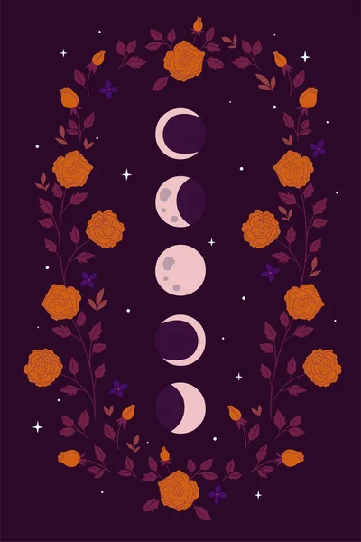 月相和花在紫色的背景上 矢量图像 — 图库矢量图片