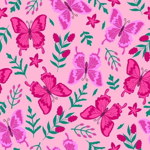 Płynny Wzór Różowymi Motylami Kwiatami Wizerunek Wektora — Wektor stockowy