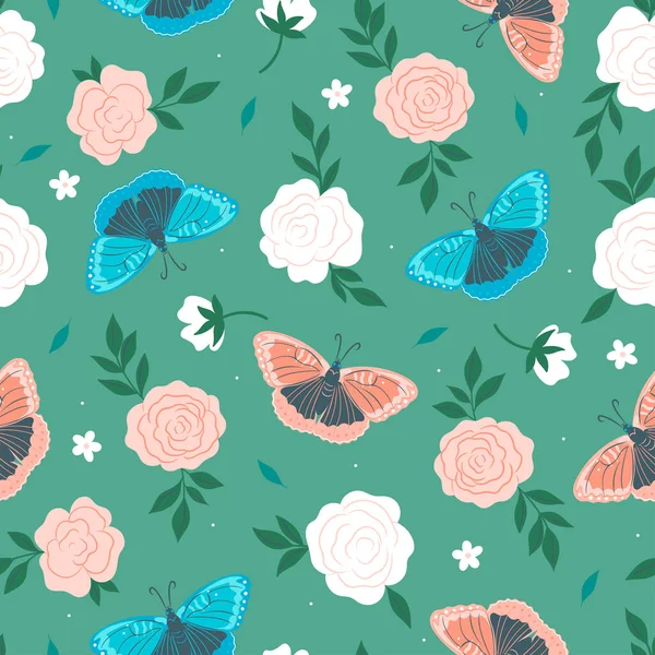 Nahtloses Muster Mit Schmetterlingen Und Rosen Vektorbild — Stockvektor