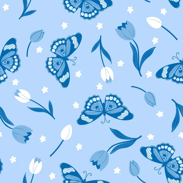 Patrón Sin Costuras Con Mariposas Flores Colores Azules Imagen Vectorial — Archivo Imágenes Vectoriales