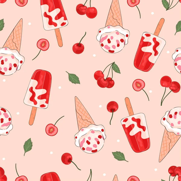 无缝隙图案 樱桃冰淇淋和浆果 矢量图像 — 图库矢量图片