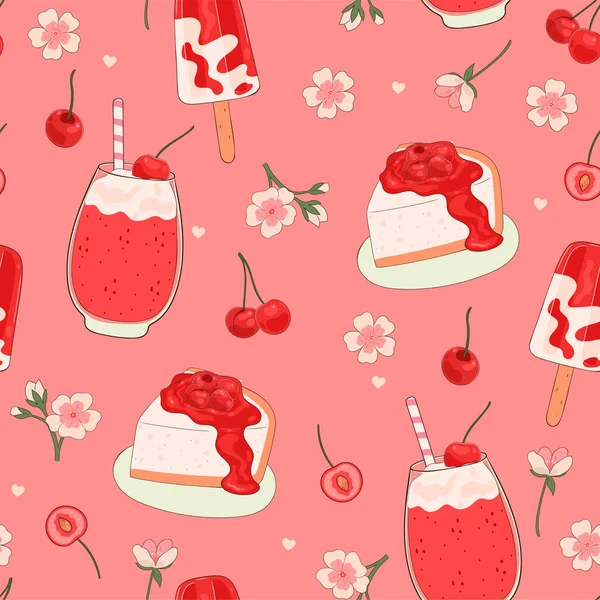 无缝隙图案与樱桃甜点 花和浆果 矢量图像 — 图库矢量图片