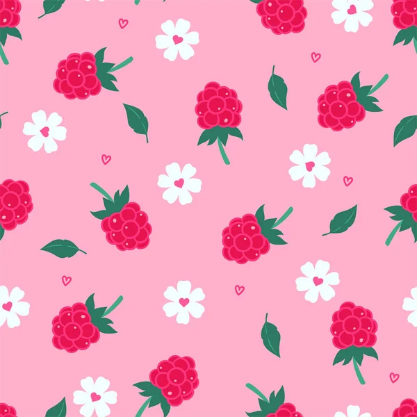 ラズベリーと花でシンプルなシームレスパターン ベクトル画像 — ストックベクタ