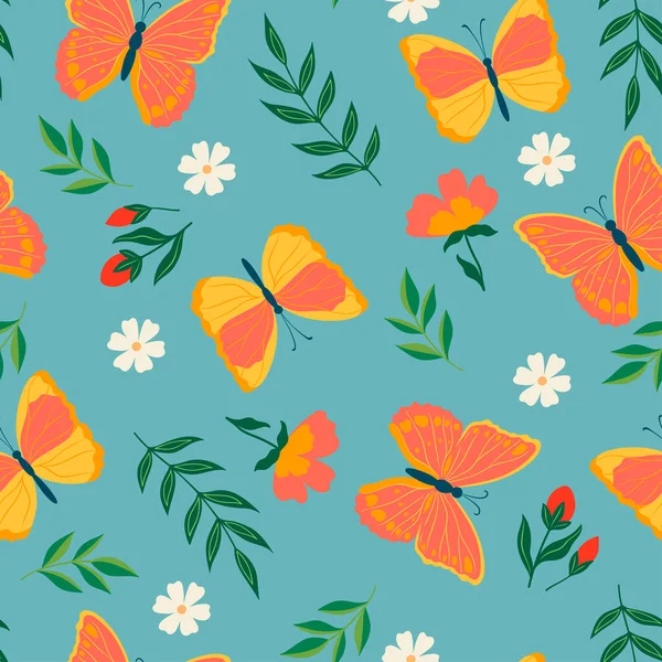 橙色蝴蝶和花朵的图案 矢量图像 — 图库矢量图片