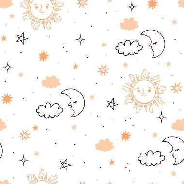 Beyaz arka planda güneşli, aylı ve yıldızlı kusursuz desen. Vektör resmi.