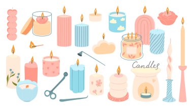 Beyaz arka planda izole edilmiş pastel renkli farklı şekillerde mumlar. Vektör resmi.