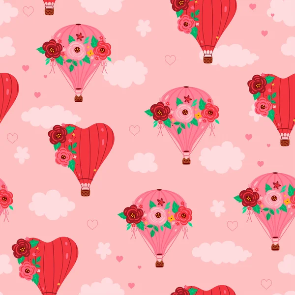 Απρόσκοπτη Μοτίβο Αερόστατα Θερμού Αέρα Και Λουλούδια Εικόνα Διανύσματος — Διανυσματικό Αρχείο