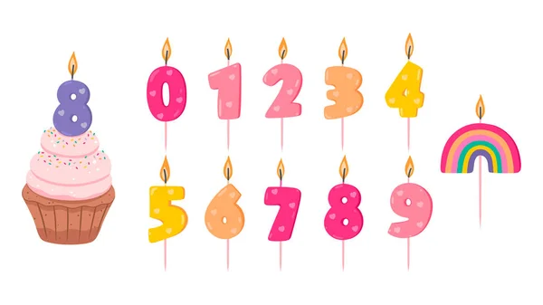 Set Isolated Burning Candles Shape Number Celebration Cupcake Candle Shape — Stock Vector