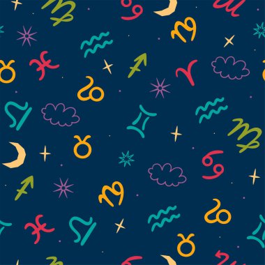 Yıldızlı ve burclu kusursuz desenler. Vektör resmi.