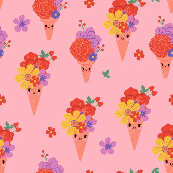 Cute Seamless Pattern Floral Ice Cream Vector Image — Stock Vector