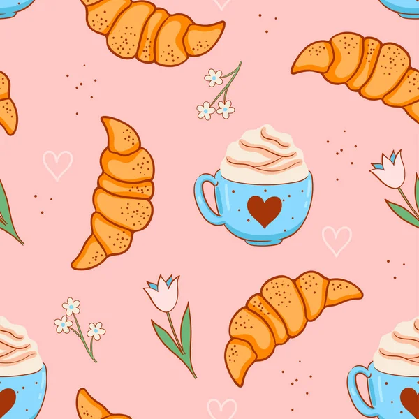 Nahtloses Muster Mit Croissants Kaffee Und Blumen Vektorbild — Stockvektor
