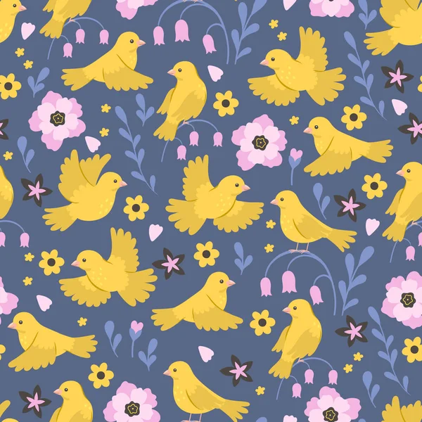 stock vector Seamless pattern with yellow canaries birds and flowers. Vector image.