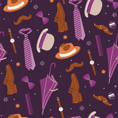 Mor ve kahverengi erkek aksesuarlarıyla kusursuz desen. Vektör görüntüsü..