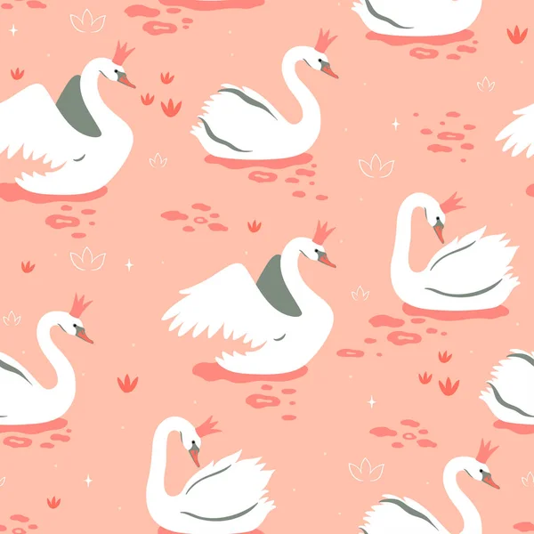 池に白玉の白鳥が描かれたシームレスな模様 ベクトル画像 — ストックベクタ
