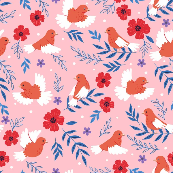 Seamless Pattern Red Canary Birds Flowers Vector Image — Stock Vector