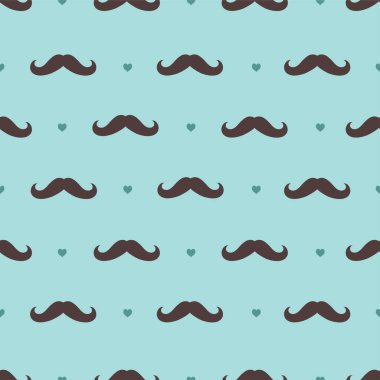 Mavi arka planda bıyıklı ve kalpleri olan kusursuz bir desen. Vektör resmi.