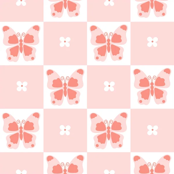 Cute Checkered Seamless Pattern Flowers Butterflies Vector Image — Stock Vector