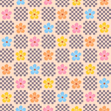 Renkli çiçekli şirin, dikişsiz damalı desen. Vektör resmi.