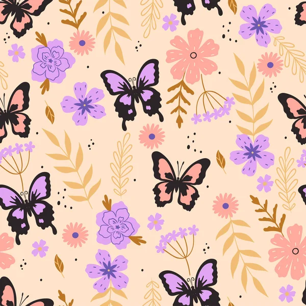 蝶や花とシームレスなパターン ベクトル画像 — ストックベクタ