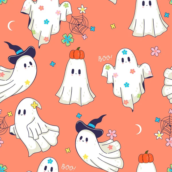 魔法のようなかわいい幸せな幽霊とシームレスなパターン ベクトル画像 — ストックベクタ