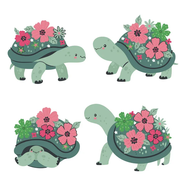 Set Cute Blooming Tortoises Isolated White Background Vector Image Royalty Free Stock Vectors