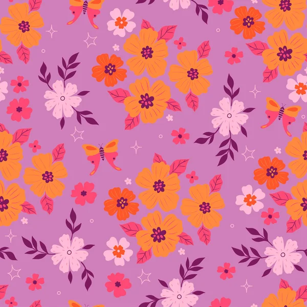 花や蝶とシームレスなパターン ベクトル画像 — ストックベクタ