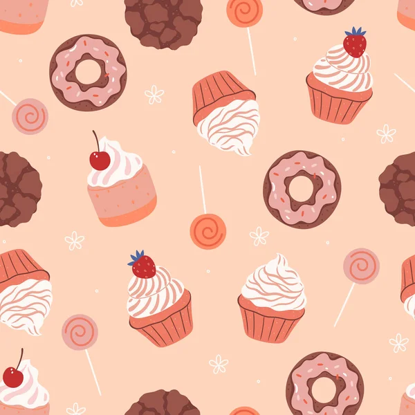 无缝隙图案与甜甜圈 棒棒糖和纸杯蛋糕 矢量图像 — 图库矢量图片