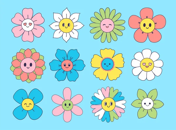 Kolekce Roztomilých Usmívajících Květin Různých Tvarech Barvách Vektorový Obrázek Royalty Free Stock Ilustrace