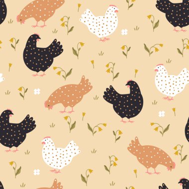 Şirin renkli tavukları olan kusursuz bir desen. Vektör resmi.