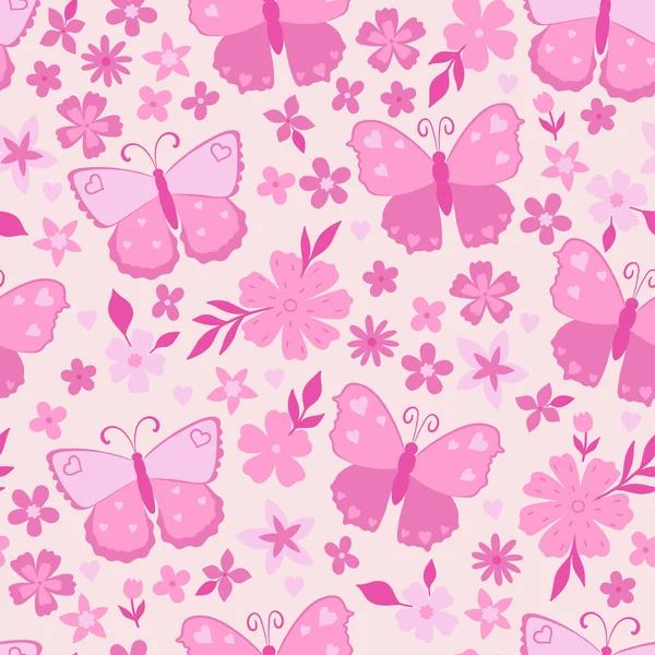 トレンディなピンク色の蝶と花が付いているシームレスなパターン ベクトル画像 — ストックベクタ