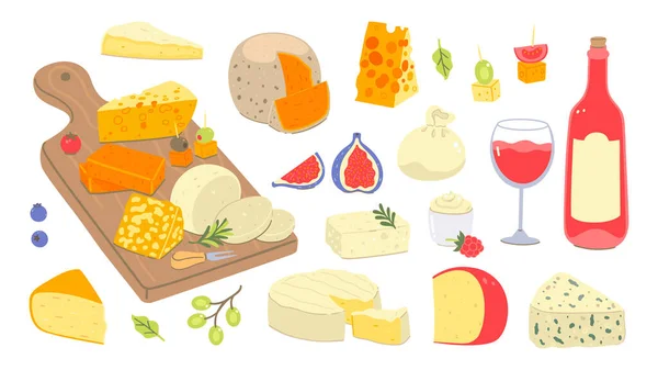白い背景に分離されたチーズ ワイン 食べ物のセット チーズはボードに ベクトル画像 — ストックベクタ