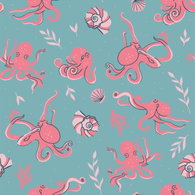 Ahtapot, yosun ve deniz kabuklarıyla kusursuz desen. Vektör resmi.