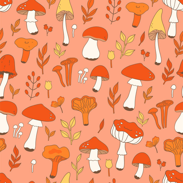 Seamless pattern with autumn leaves and mushrooms. Vector image.
