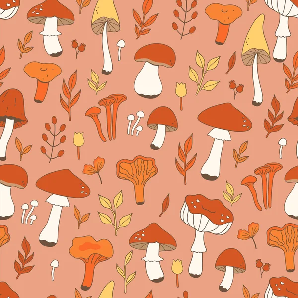 Seamless Pattern Autumn Leaves Mushrooms Vector Image Vector Graphics