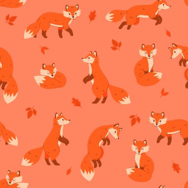 Tilki ve yapraklarla güzel bir sonbahar deseni. Vektör resmi.