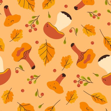 Böğürtlenli, mantarlı ve yapraklı sonbahar deseni. Vektör resmi.