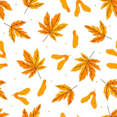 Beyaz arka planda altın akçaağaç yaprakları ve tohumları olan sonbahar pürüzsüz deseni. Vektör resmi.