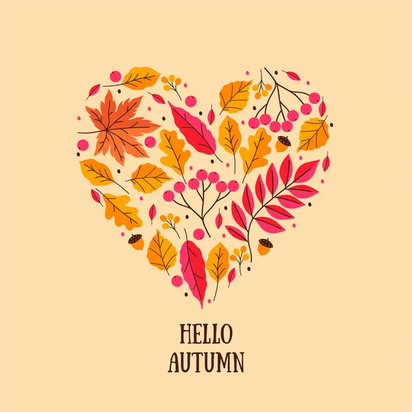 秋のテンプレートポストカードや葉 ベリー アコーンで作られたハートのバナー ベクトル画像 — ストックベクタ
