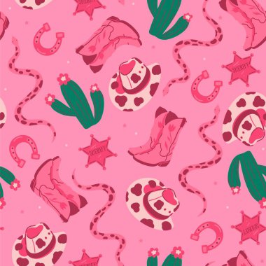 Kovboy çizmeleri, yılanlar, şapkalar ve kaktüslerle son moda pembe, pürüzsüz desenler. Vektör resmi.