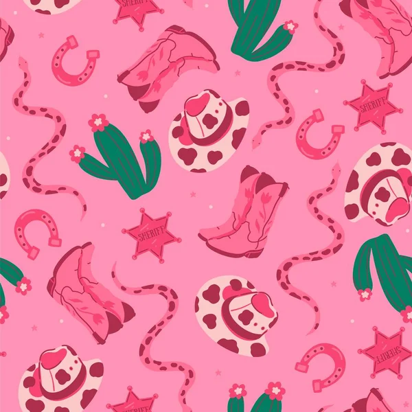 Trendy Pink Seamless Pattern Cowboy Boots Snakes Hats Cacti Vector Stock Illustration