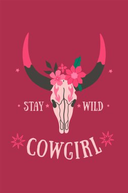 Vahşi batı kartpostalında inek kafatası ve çiçekler var. Vektör resmi