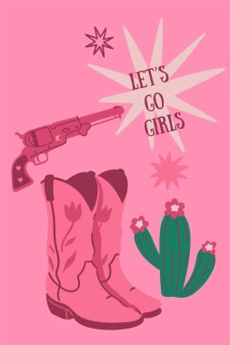 Kovboy çizmeleri, silah ve kaktüslü pembe renkli kartpostal ya da poster. Vektör resmi.