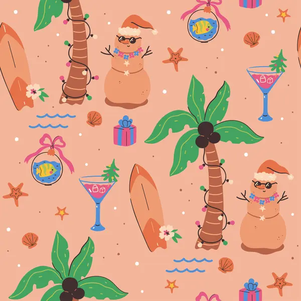 Seamless Pattern Sand Snowmen Surfboards Palm Trees Vector Image Stock Vector