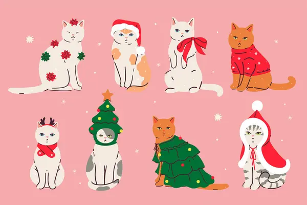 Set Cute Cats Christmas Clothes Vector Image Vector Graphics