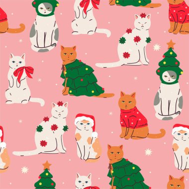 Noel kıyafetleri giymiş kedilerde kusursuz desen. Vektör resmi.