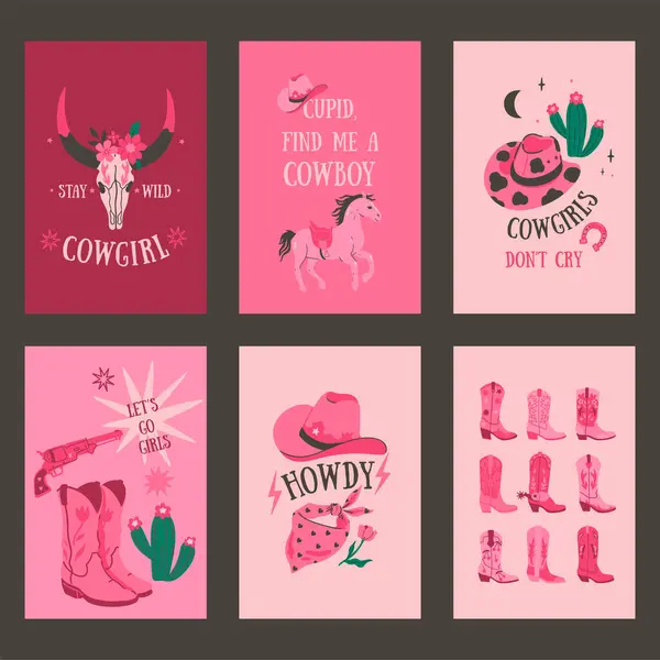 Uppsättning Kort Eller Affischer Rosa Färger Cowgirl Stil Vektorbild Royaltyfria Stockvektorer