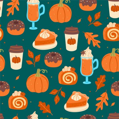 Balkabağı içecekleri ve tatlılarla kusursuz sonbahar şablonu. Vektör resmi.