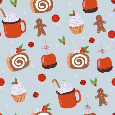 Yemek ve içeceklerle kusursuz bir Noel deseni. Vektör resmi